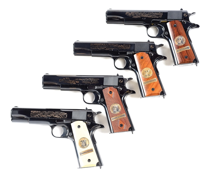 (M) COMPLETE SET OF 4 COLT COMMEMORATIVE WORLD WAR I 1911 SEMI-AUTOMATIC PISTOLS WITH MATCHING NUMBERS.