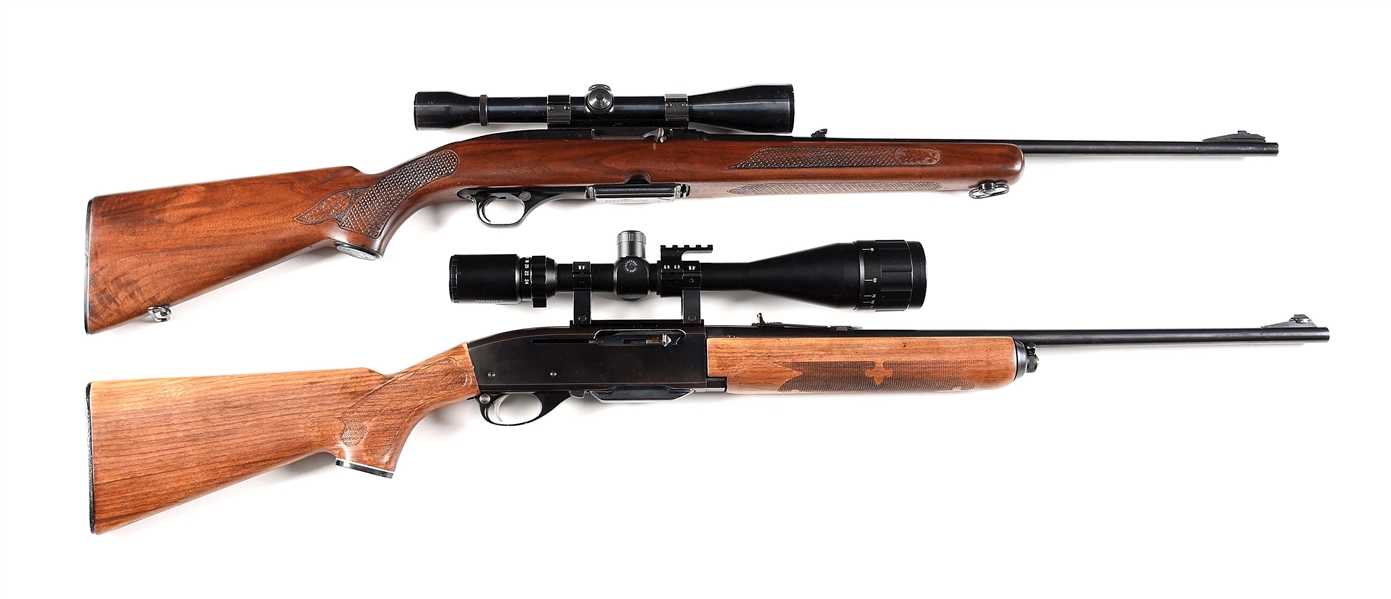 (M) LOT OF 2: WINCHESTER MODEL 100 AND REMINGTON MODEL 740 SEMI AUTOMATIC RIFLES WITH SCOPES.