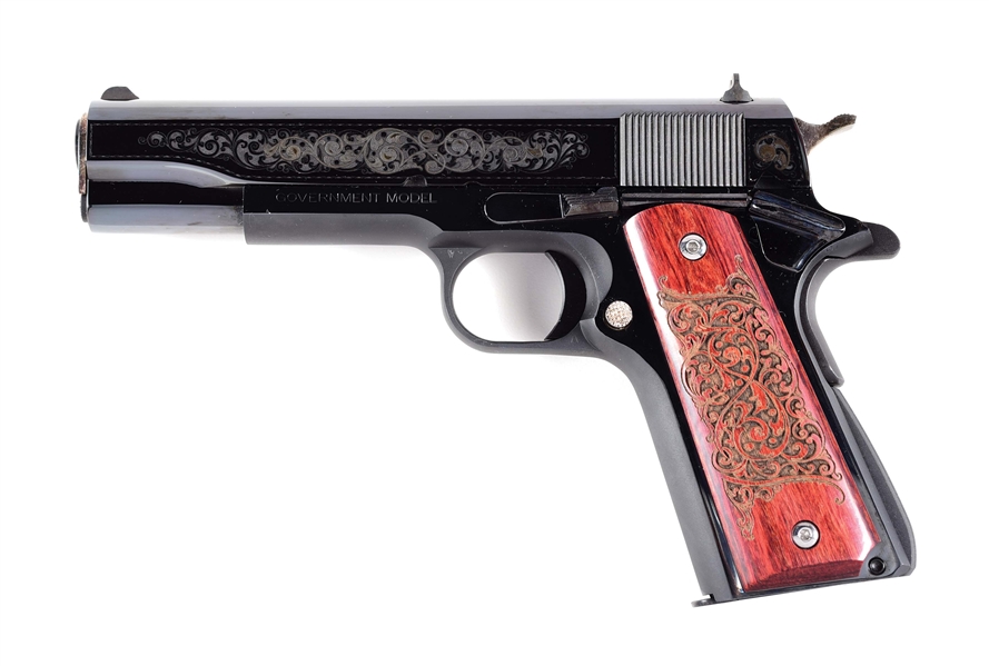 (M) COLT ENGRAVER SERIES GUSTAVE YOUNG GOVERNMENT MODEL SEMI-AUTOMATIC PISTOL WITH FACTORY CASE.