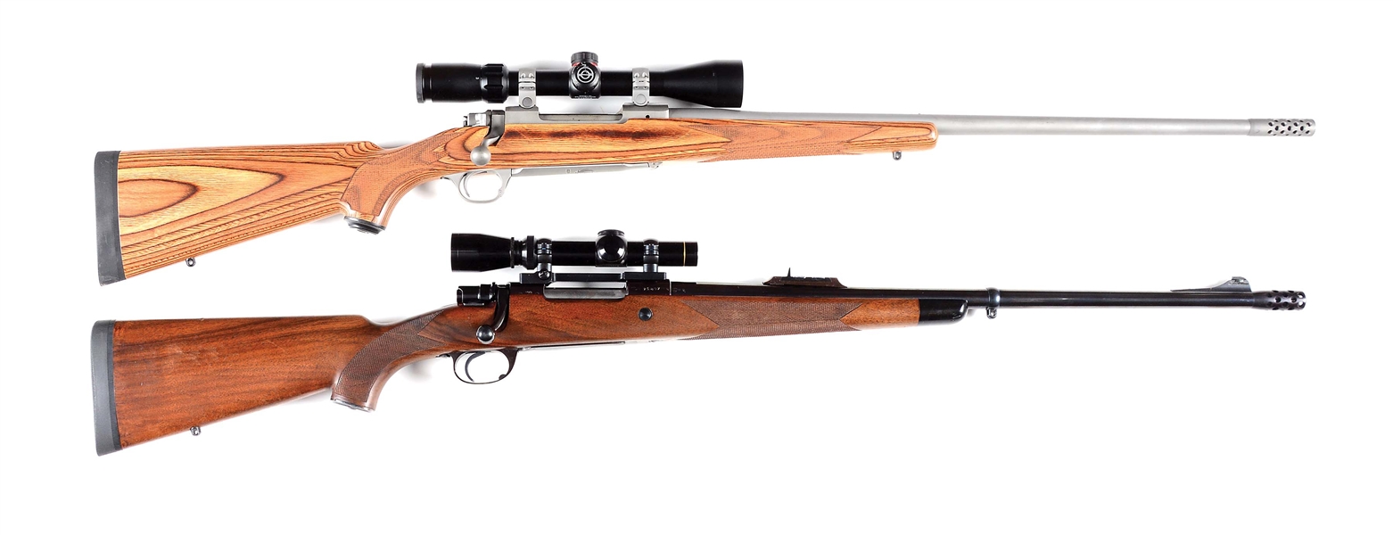 (M) LOT OF 2: RUGER M77 HAWKEYE AND INTERAMS MARK X MAGNUM BOLT ACTION RIFLES WITH SCOPES.