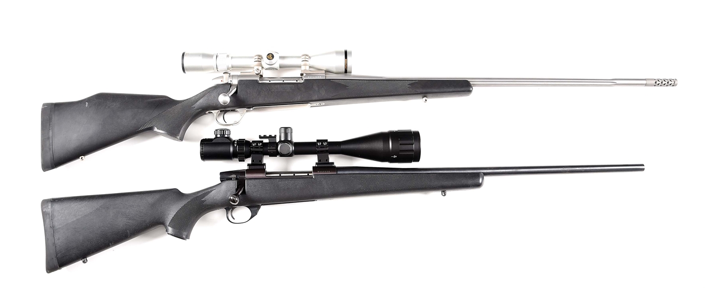 (M) LOT OF 2: WEATHERBY MARK V AND VANGUARD BOLT ACTION RIFLES WITH SCOPES.