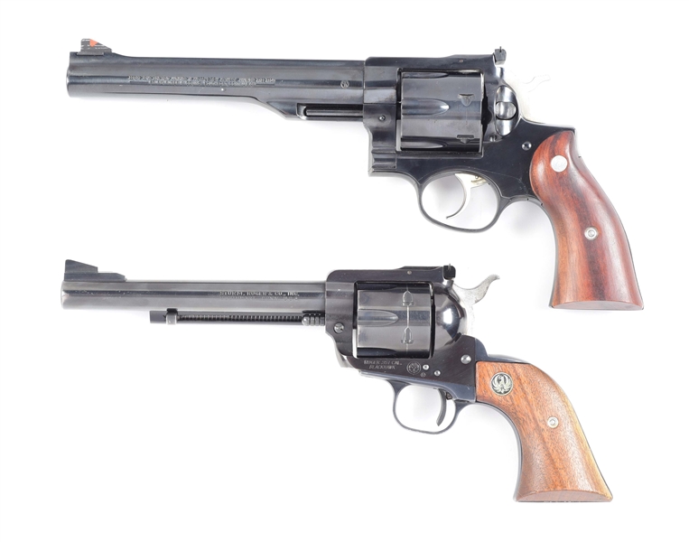(M) LOT OF 2: RUGER REDHAWK AND BLACKHAWK MAGNUM REVOLVERS WITH GUN BELT.