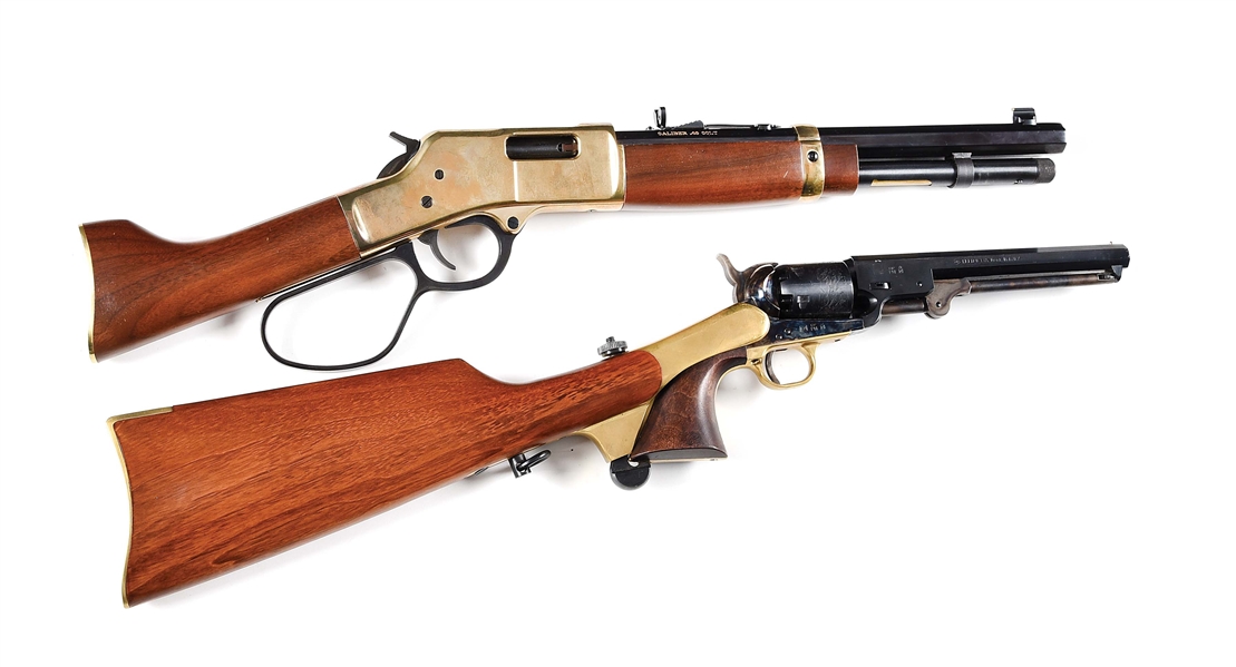 (M+A) LOT OF 2: HENRY REPEATING ARMS MARES LEG LEVER ACTION RIFLE & PIETTA MODEL 1851 NAVY SINGLE ACTION PERCUSSION REVOLVER WITH SHOULDER STOCK.
