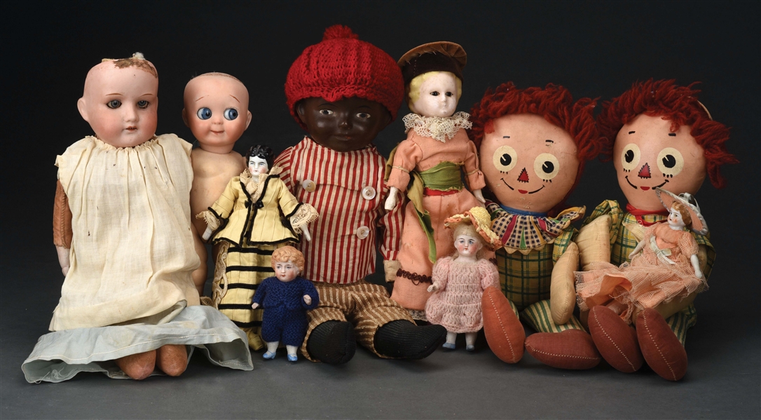 LOT OF 10: VARIOUS EARLY CLOTH, BISQUE, AND COMPOSITION DOLLS.