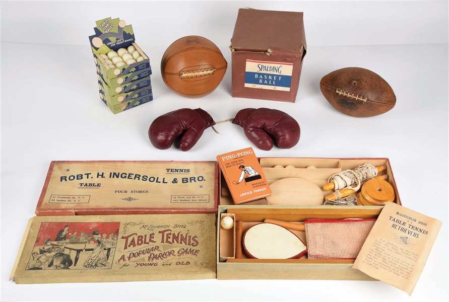 NICE GROUP OF EARLY VINTAGE SPORTING GOODS ITEMS.