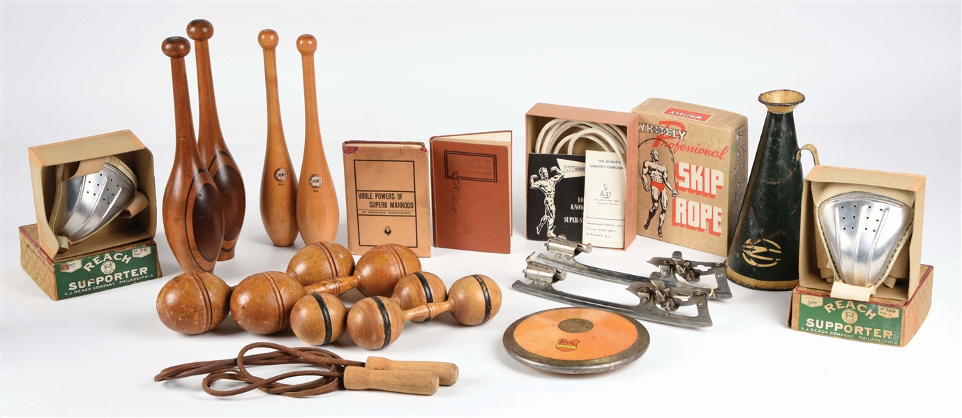 NICE LOT OF EARLY SPORTING GOODS EQUIPMENT.