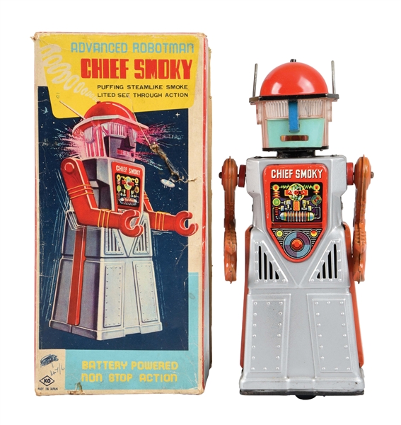SCARCE JAPANESE BATTERY OPERATED TIN LITHO "CHIEF SMOKY" TOY ROBOT IN ORIGINAL BOX.