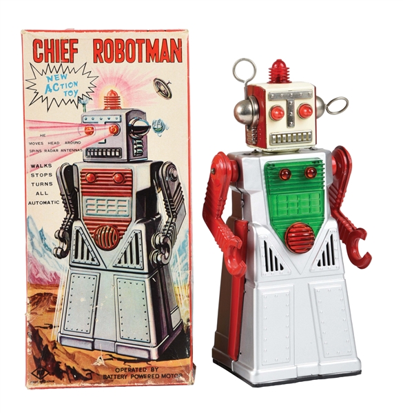 JAPANESE BATTERY OPERATED TIN LITHO CHIEF ROBOT MAN.