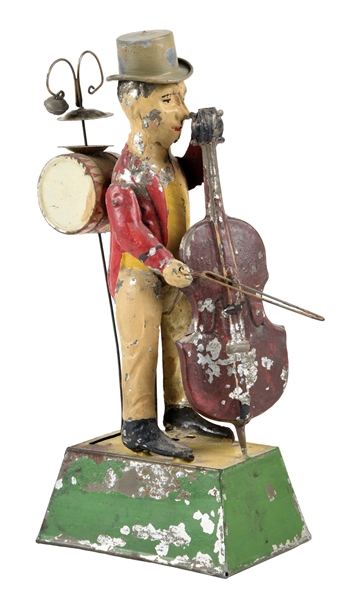 EARLY GERMAN HAND PAINTED MAN PLAYING ONE MAN BAND.
