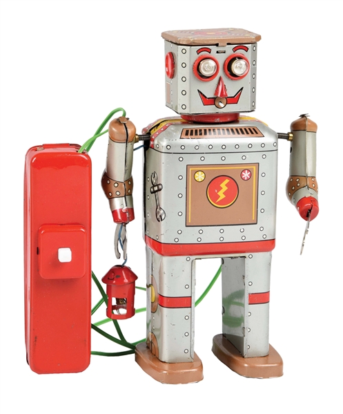 RARE JAPANESE BATTERY OPERATED TIN LITHO POWDER/LANTERN ROBOT SILVER AND GOLD VARIATION.
