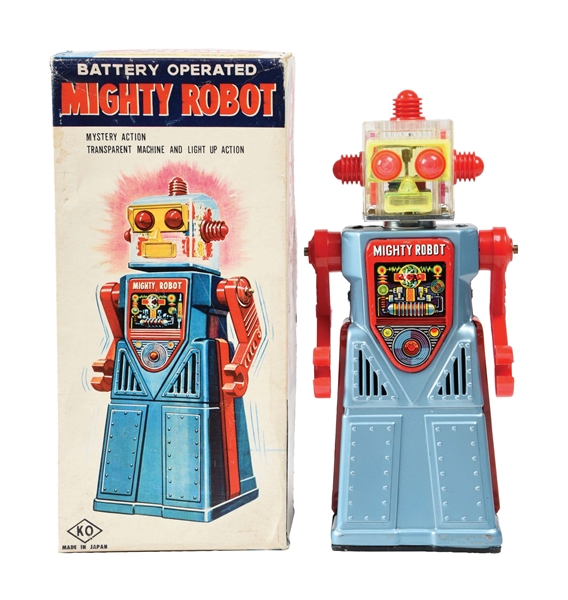 JAPANESE BATTERY-OPERATED TIN LITHO MIGHTY ROBOT.