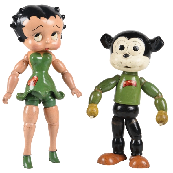 LOT OF 2 BETTY BOOP AND BIMBO COMPOSITION JOINTED CAMEO DOLLS.