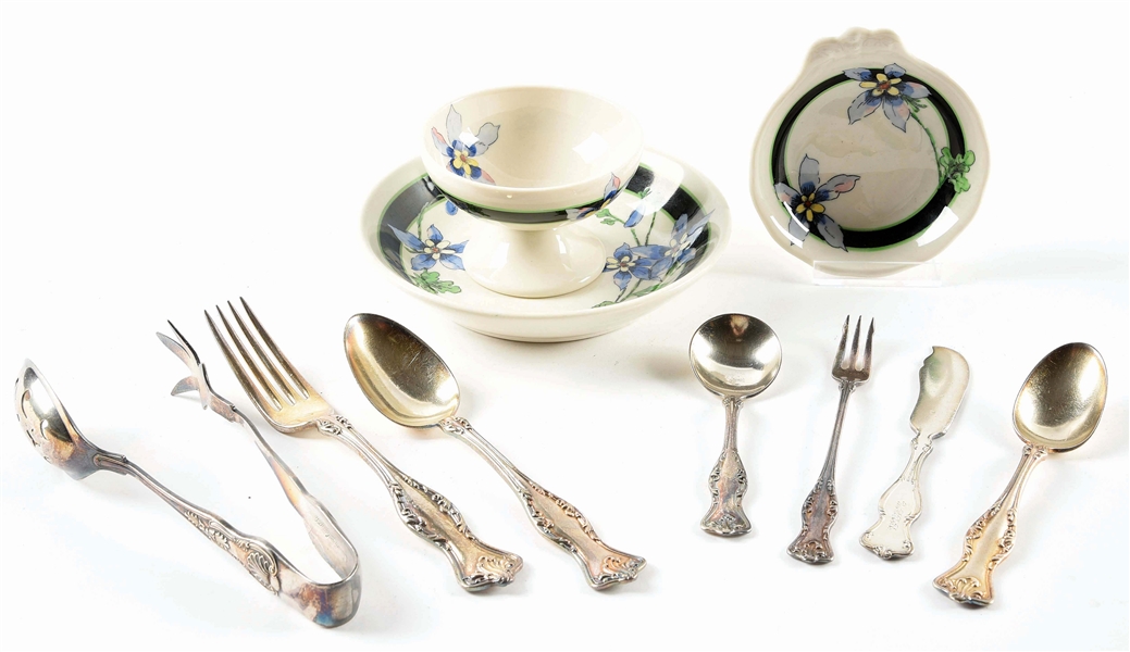 LOT OF 3: UNION PACIFIC "COLUMBINE" CHINA PIECES PLUS ASSORTED SILVERWARE.