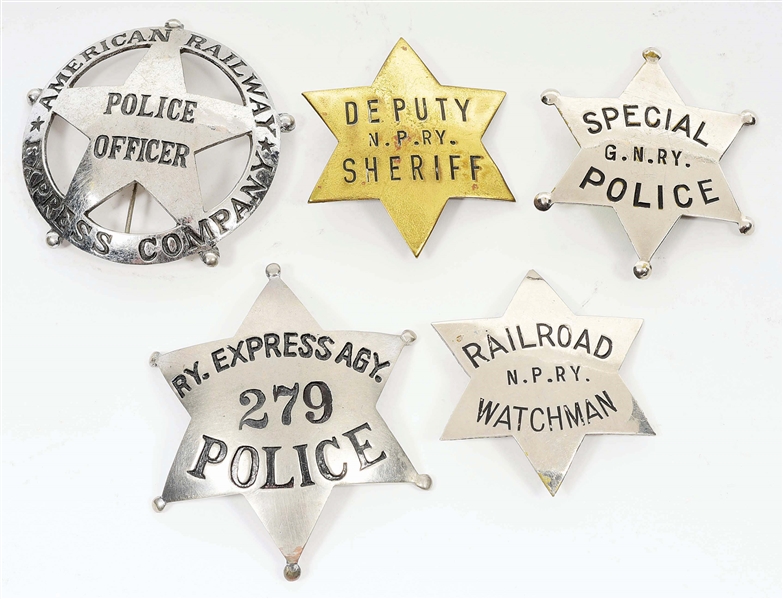 LOT OF 5: RAILROAD POLICE BADGES.