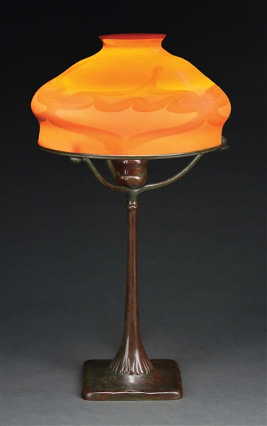 TIFFANY STUDIOS BRONZE & FAVRILE DECORATED TABLE LAMP.