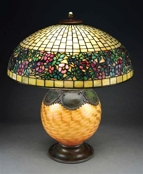 TIFFANY STUDIOS BELTED ROSE TABLE LAMP.