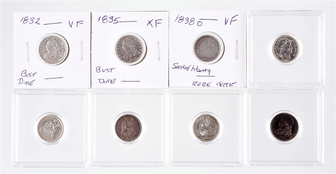 LOT OF 8: BUST, SEATED LIBERTY AND BARBER DIMES.