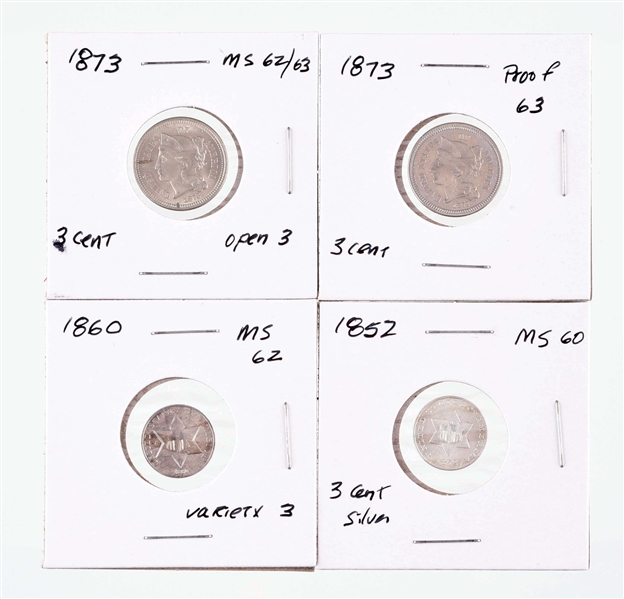 LOT OF 4: 3¢ SILVER COINS.