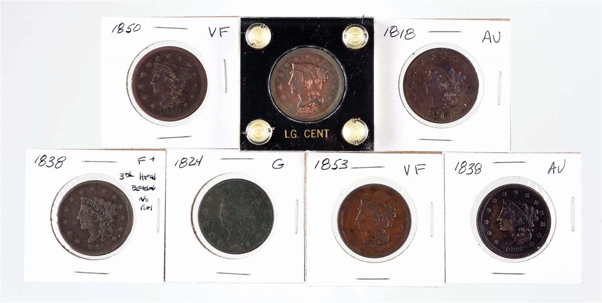 LOT OF 7: LARGE CENT COINS.