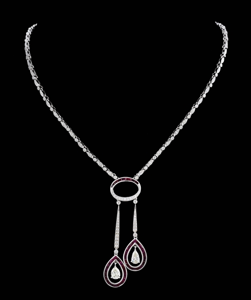 LADIES 18K WHITE GOLD DIAMOND AND RUBY NECKLACE.