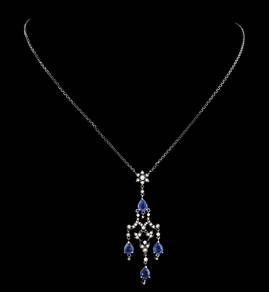 LADIES 18K WHITE GOLD SAPPHIRE AND DIAMOND AND NECKLACE.