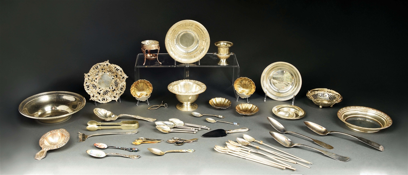 A GROUP OF STERLING BOWLS AND SPOONS.