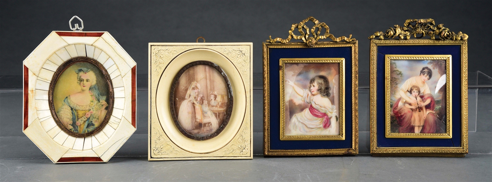 LOT OF 4: HAND-PAINTED ANTIQUE MINIATURE PORTRAITS ON IVORY.