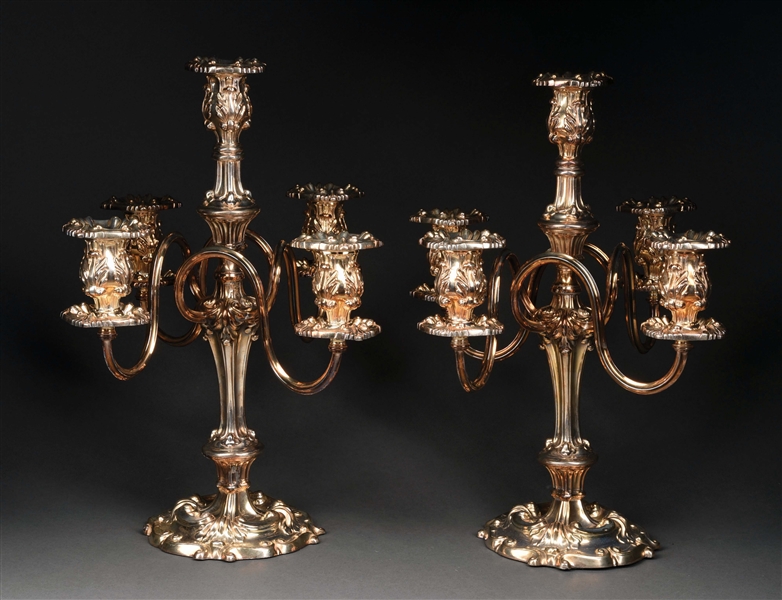 A PAIR OF ROCOCO STYLE FIVE LIGHT CANDELABRA.