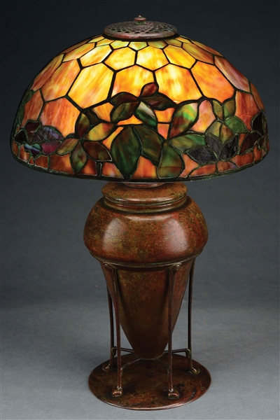 TIFFANY STUDIOS WOODBINE LEADED GLASS TABLE LAMP.
