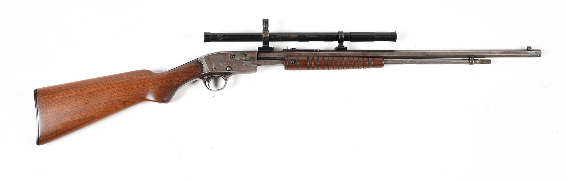 (C) SAVAGE MODEL 29 SLIDE ACTION RIFLE WITH PERIOD SCOPE.