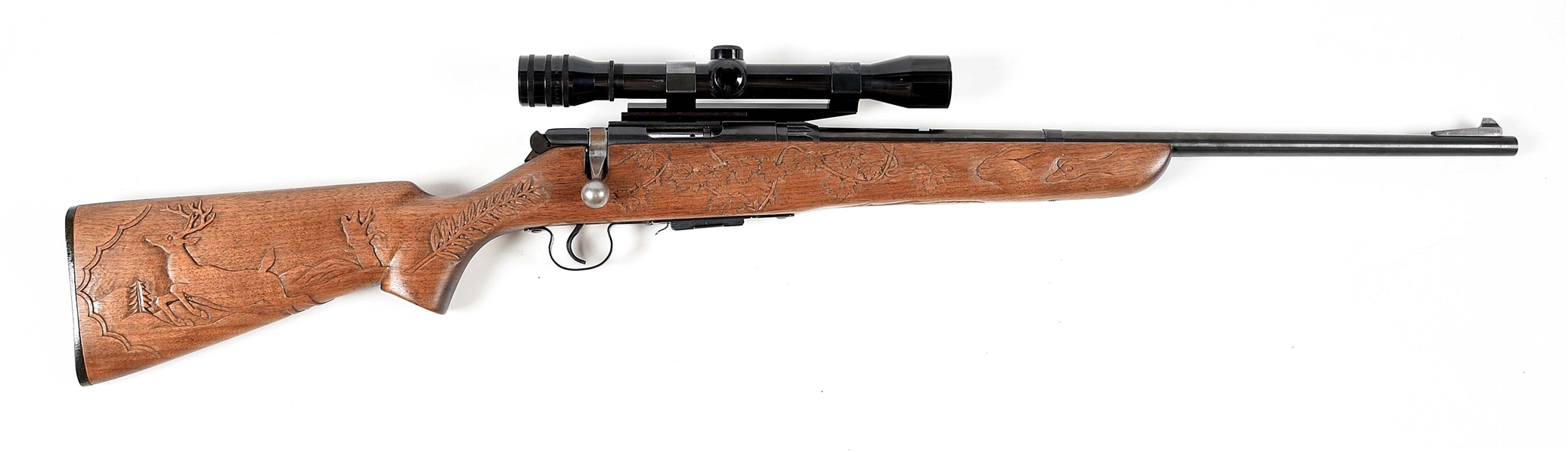 (C) SCOPED SAVAGE 342 .22 HORNET BOLT ACTION RIFLE WITH CUSTOM CARVED STOCK.
