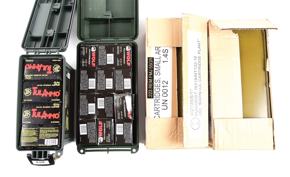LOT OF 4: BOXES & CANS OF 5.56MM STEEL CASE AMMUNITION.