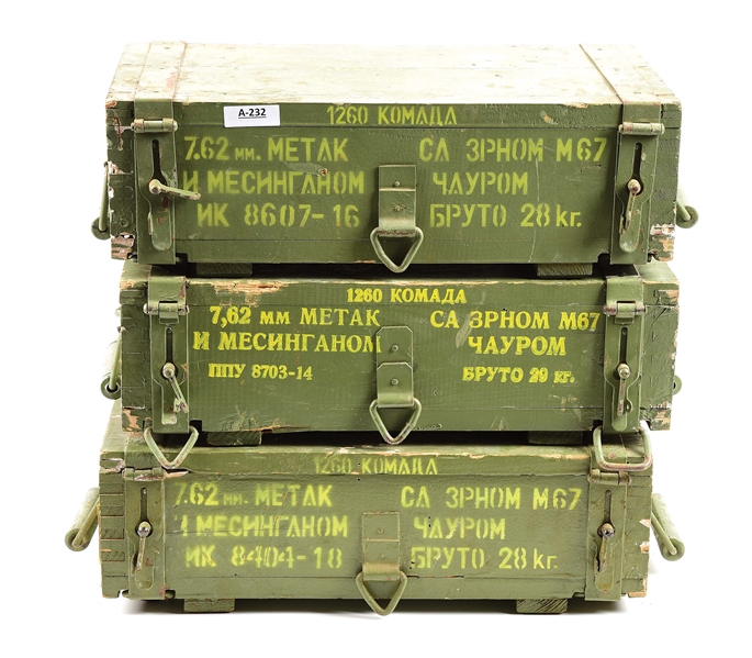 LOT OF 3: YUGOSLAVIAN M67 7.62X39MM AMMUNITION CRATES, ONE WITH SPAM CAN.