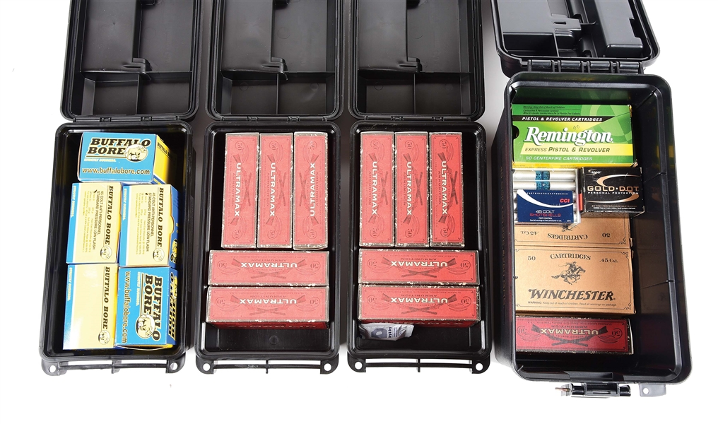 LOT OF 4: AMMO BOXES OF .45 LONG COLT AMMUNITION.