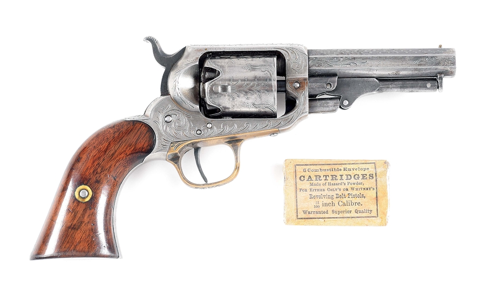 (A) ENGRAVED WHITNEY PERCUSSION POCKET REVOLVER WITH ORIGINAL PACKET OF CARTRIDGES.