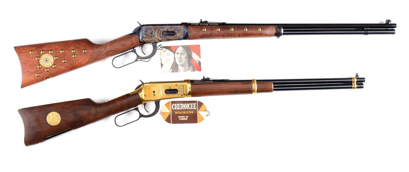 (M) LOT OF 2: WINCHESTER MODEL 94 CHIEF CRAZY HORSE AND CHEROKEE COMMEMORATIVE LEVER ACTION RIFLES.
