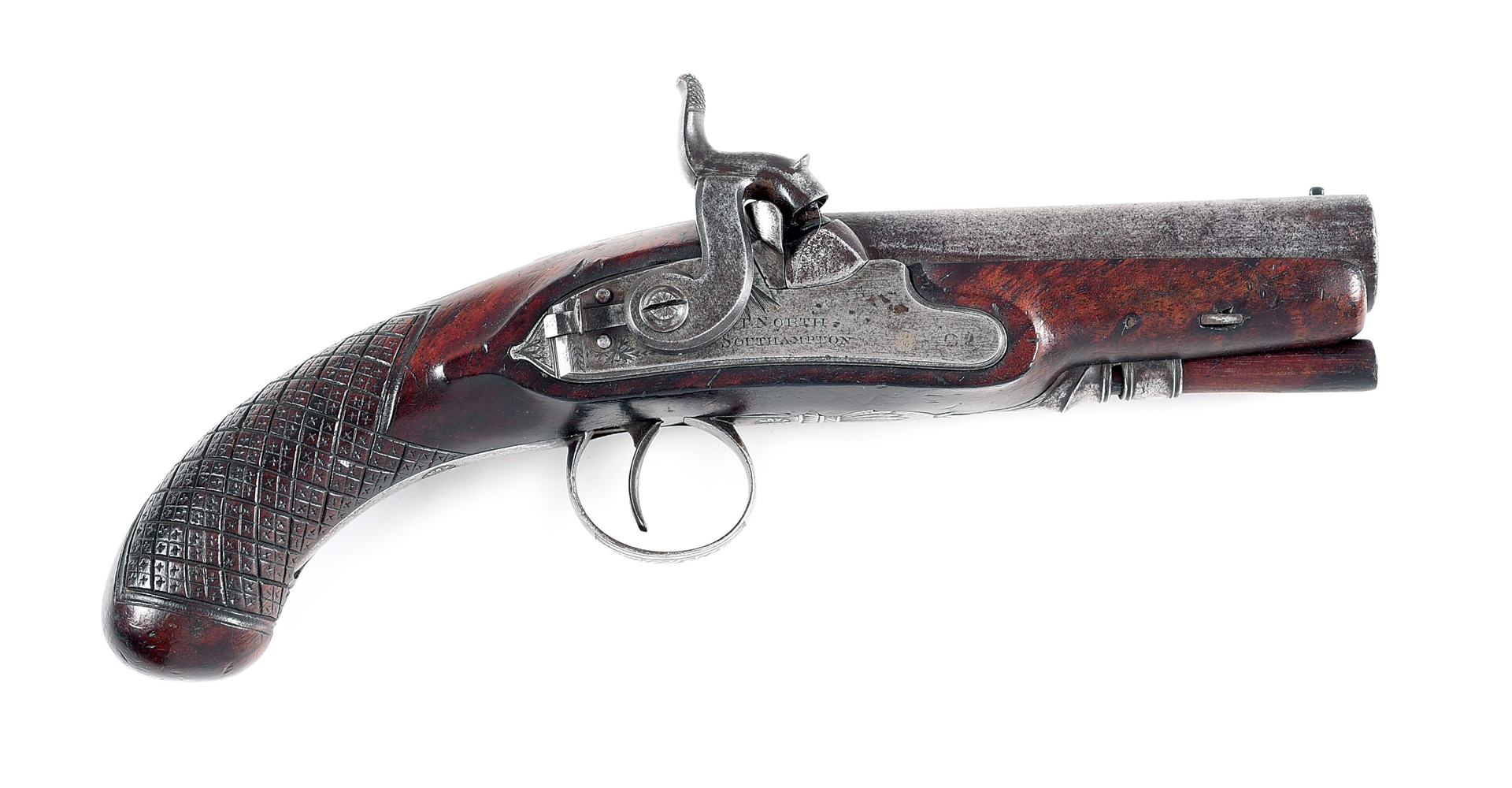 (A) THOMAS NORTH PERCUSSION PISTOL, CONVERTED FROM FLINTLOCK.