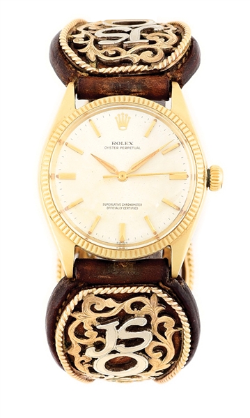 ROLEX OYSTER PERPETUAL GOLD WRISTWATCH W/BOHLIN LEATHER BAND.