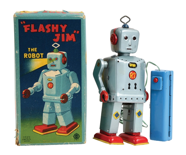 JAPANESE BATTERY OPERATED REMOTE CONTROL TIN LITHO FLASHY JIM ROBOT.