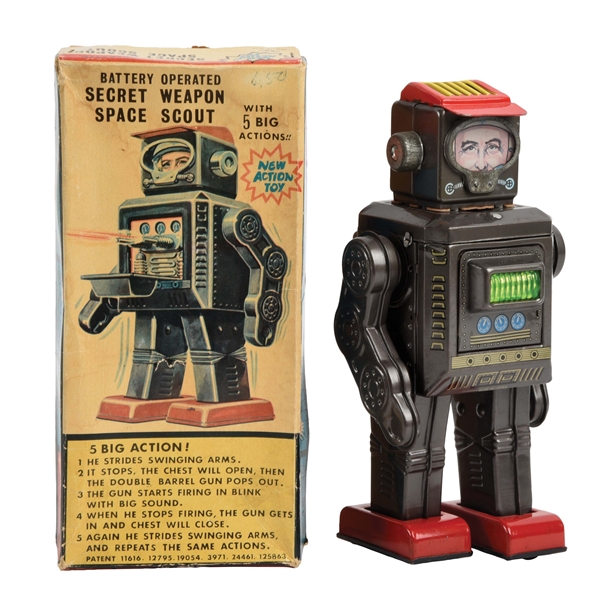 JAPANESE BATTERY OPERATED TIN LITHO SECRET WEAPON SPACE SCOUT. 