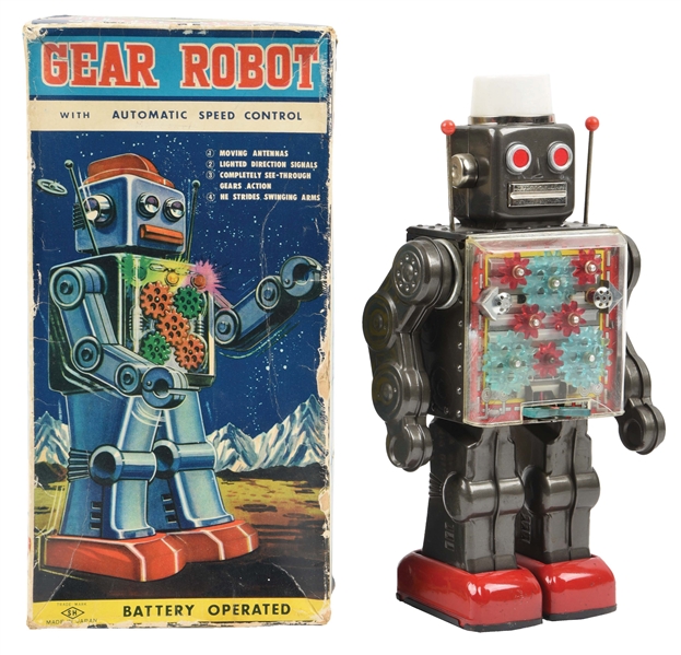 JAPANESE BATTERY OPERATED TIN LITHO GEAR ROBOT.