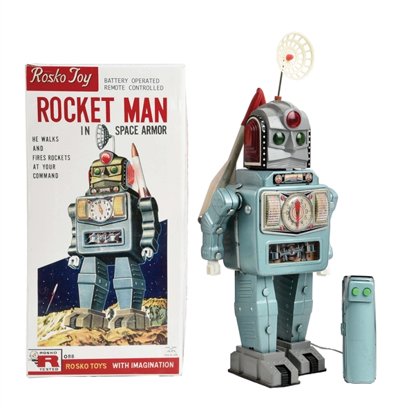 JAPANESE BATTERY OPERATED ALPS ROCKET MAN IN SPACE ARMOR ROBOT.