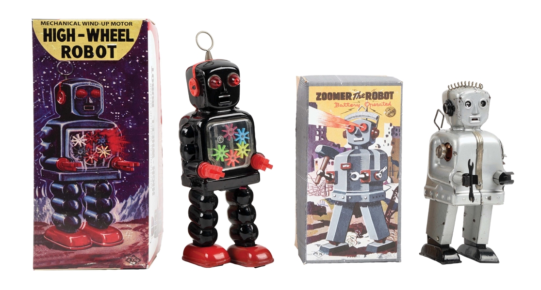 LOT OF 2 JAPANESE TIN LITHO AND PLASTIC WINDUP AND BATTERY OPERATED ROBOTS.