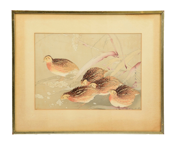 JAPANESE LITHOGRAPH OF QUAILS BY TSUCHIYA RAKASAN.