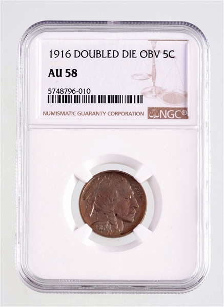 GRADED 1916 DOUBLE-DIE OBV 5C COIN.