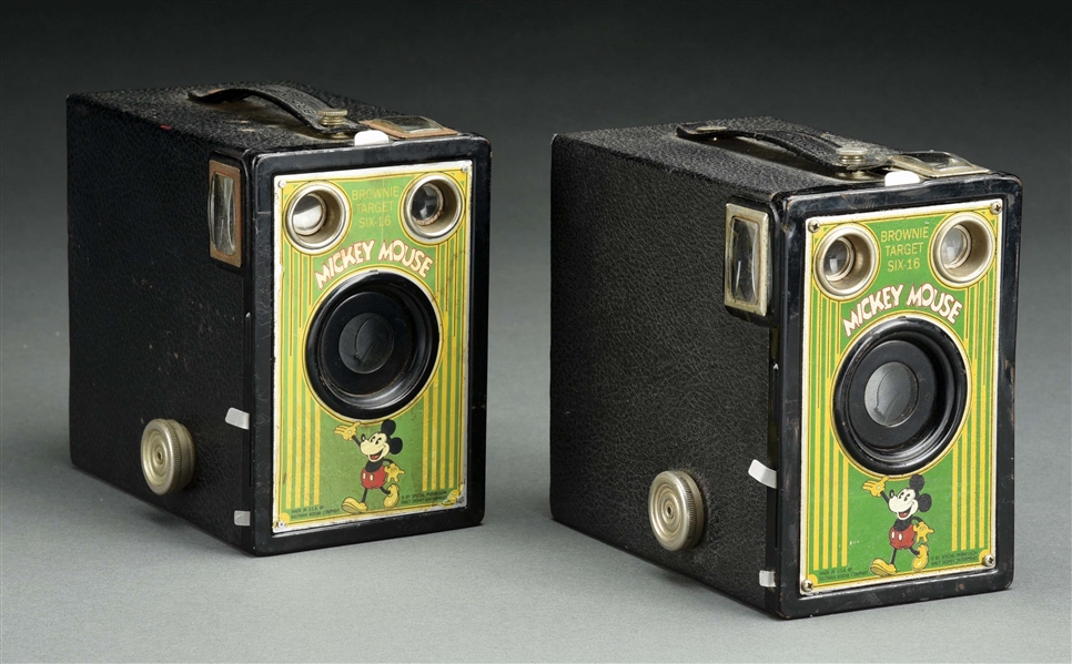 PAIR OF MICKEY MOUSE BROWNIE TARGET SIX-16 BOX CAMERAS CIRCA 1930S.