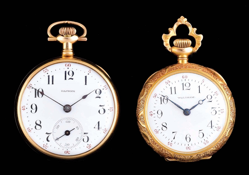 LOT OF 2: 14K GOLD AMERICAN OPEN FACE PENDANT/POCKET WATCHES.