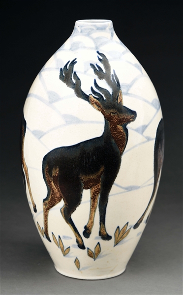 MONUMENTAL BOCH FRERES VASE WITH DEER BY CHARLES CATTEAU.