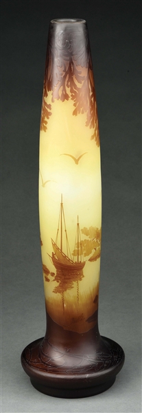 TALL GALLE CAMEO VASE WITH BOATS.