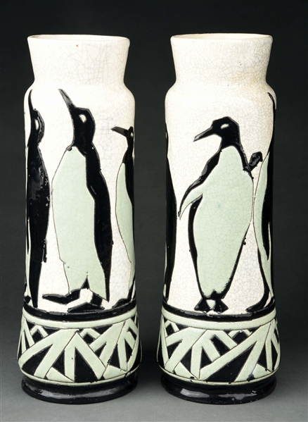 PAIR OF BOCH FRERES PENGUIN VASES BY CHARLES CATTEAU.